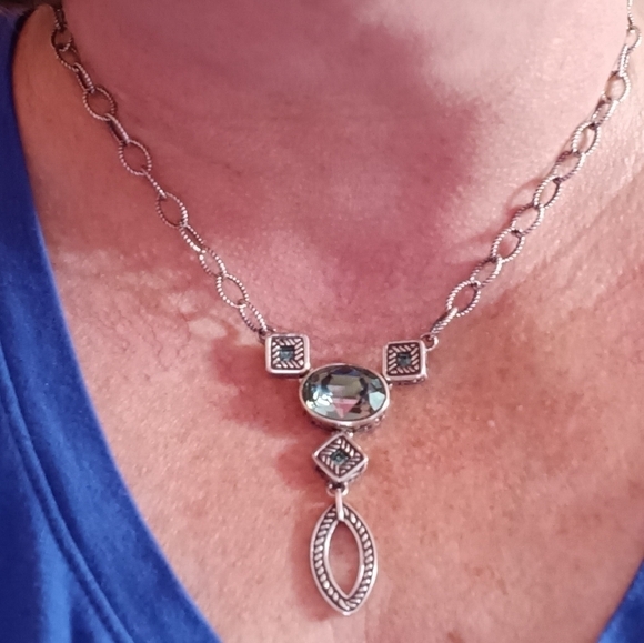 Studio Barse 925 Silver Textured Link Smoky Blue Crystal Lariat Necklace - Picture 9 of 9